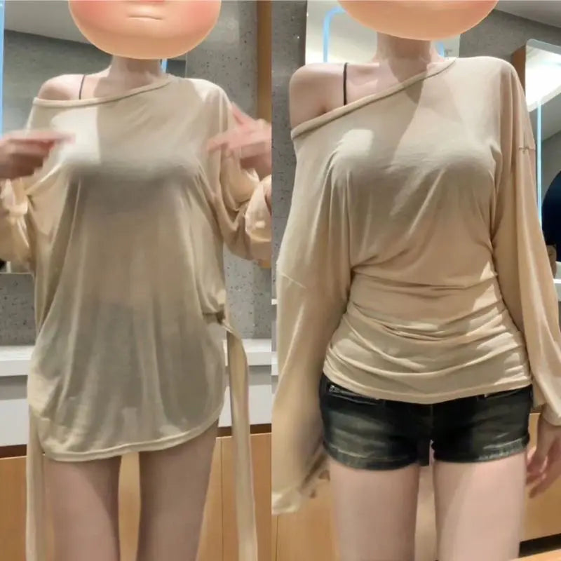 SheerMuse Oversized Tee – Off-Shoulder Mesh Top  Light layers. Soft edge. Effortless chic.