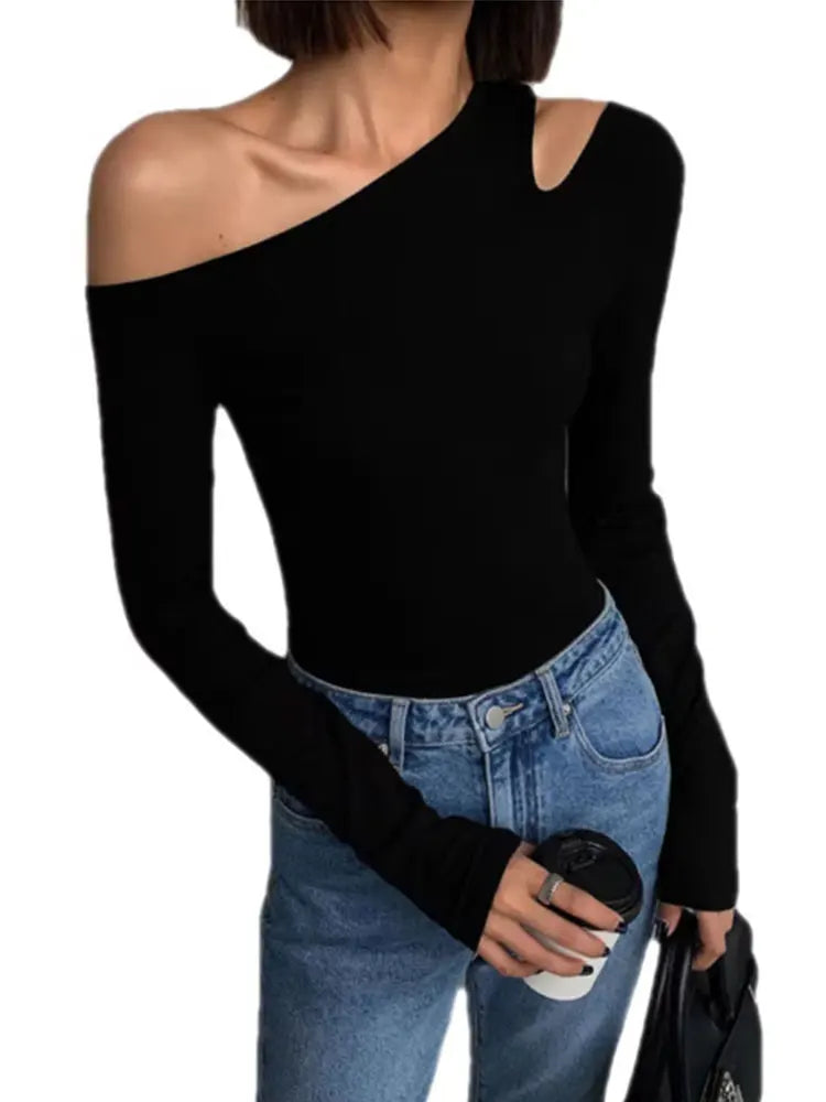 EdgeMuse Skew Collar Top – Off-Shoulder Hollow Crop Tee  Asymmetrical style. Sleek fit. Effortless allure.