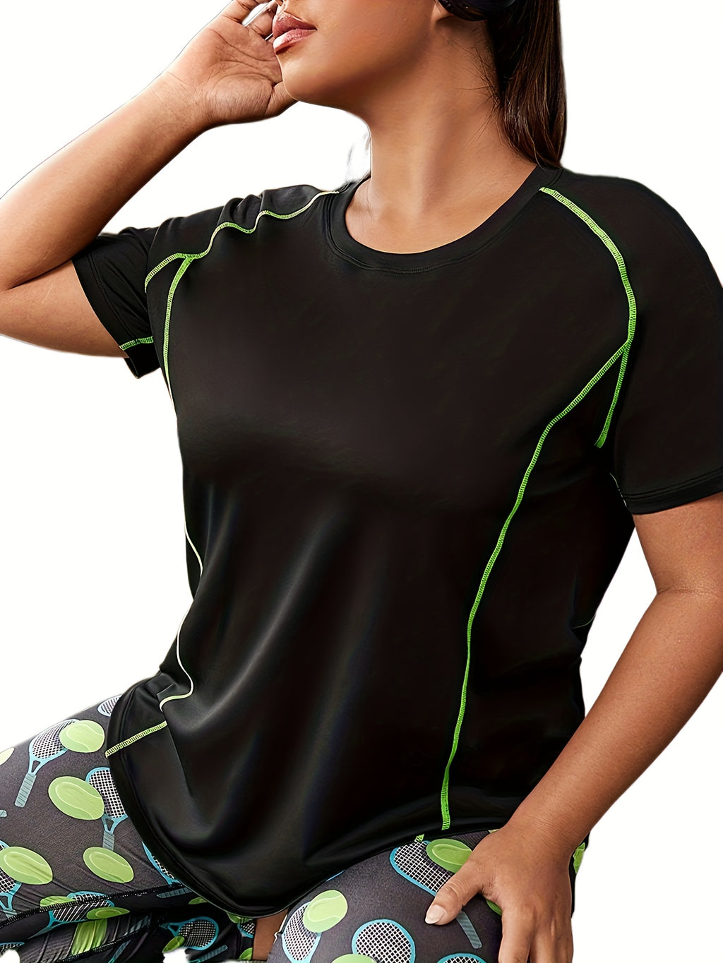 Plus Size Sports Top, Women's Plus Stitching Short Sleeve Round Neck High Stretch Fitness Tee