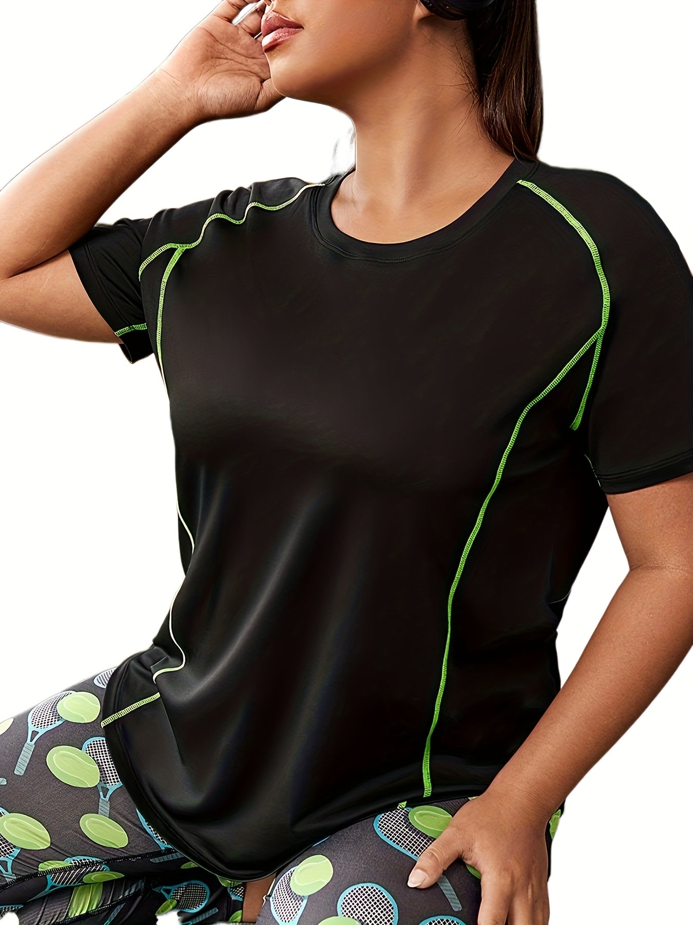 Plus Size Sports Top, Women's Plus Stitching Short Sleeve Round Neck High Stretch Fitness Tee