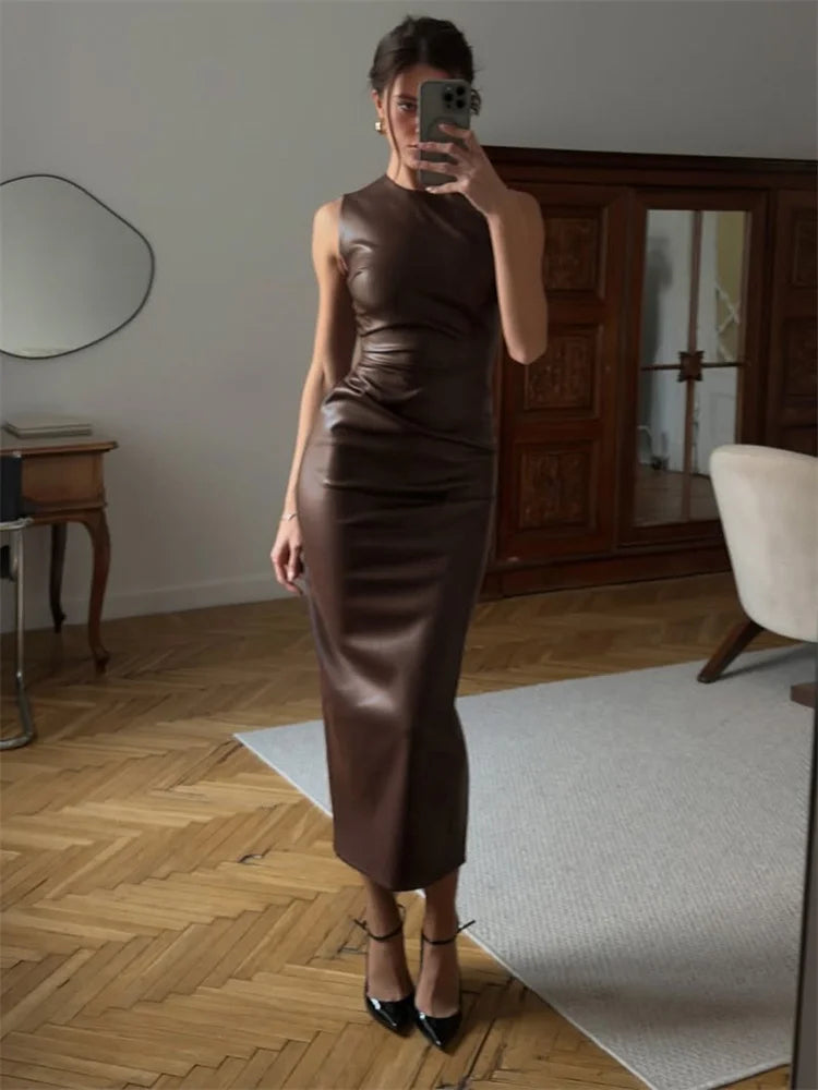 Tossy PU Sexy Fashion Maxi Dress For Women High Waist Sleeveless Slim Patchwork Solid Skinny Streetwear Female Bodycon Dress New