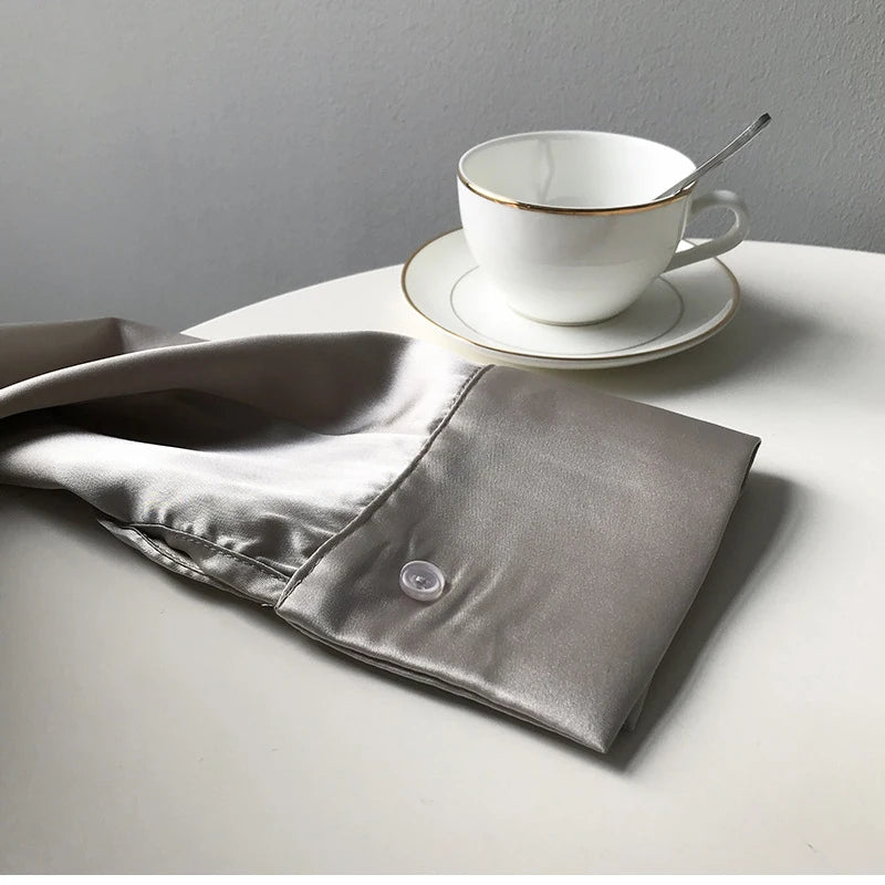 SilkMuse Shirt – Satin Button-Up Vintage Blouse  Smooth texture. Timeless style. Effortless elegance.