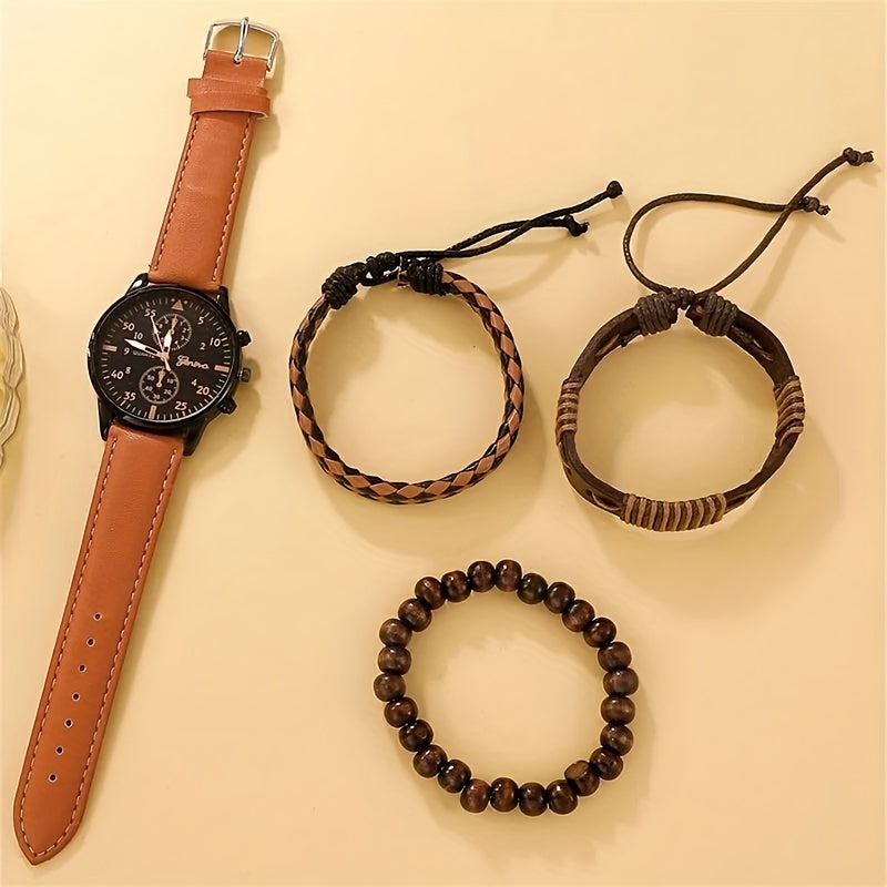 4pcs/set, Fashion Men's Casual Brown Quartz Watch & 3pcs Bracelets, Ideal choice for Gifts